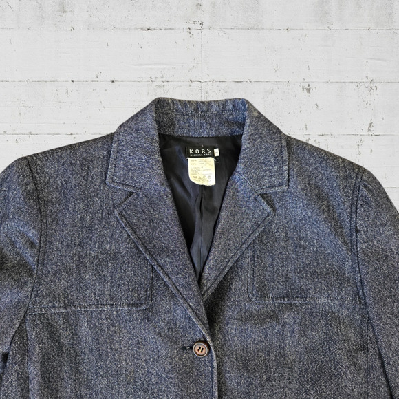 90s Vintage Michael Kors Navy Wool Blend Chambray Single Breasted Jacket Size 8 - Picture 4 of 10